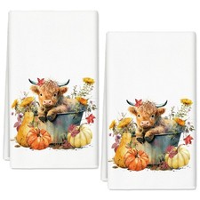Fall Kitchen Towel Pumpkin Highland Cow Dish 18 x 28 inches, Colorful