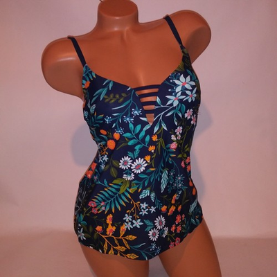 #ad #ad Kona Sol Swim Tankini Top Small Tank Navy Blue Floral Wireless $23.99