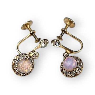 Vargas Faux Fire Opal Earrings Gold Plated Rhinestone Screwback Vintage 50s 7/8''