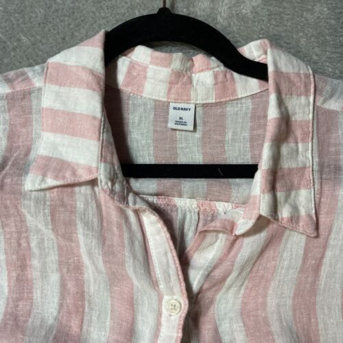 Old Navy Top Womens XL Linen Pink Stripe Button Up Beach Coastal Boxy Preppy - Picture 3 of 7