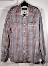 Buffalo by David Bitton Men's Button Up Shirt Sz L Gray Orange Plaid Long Sleeve