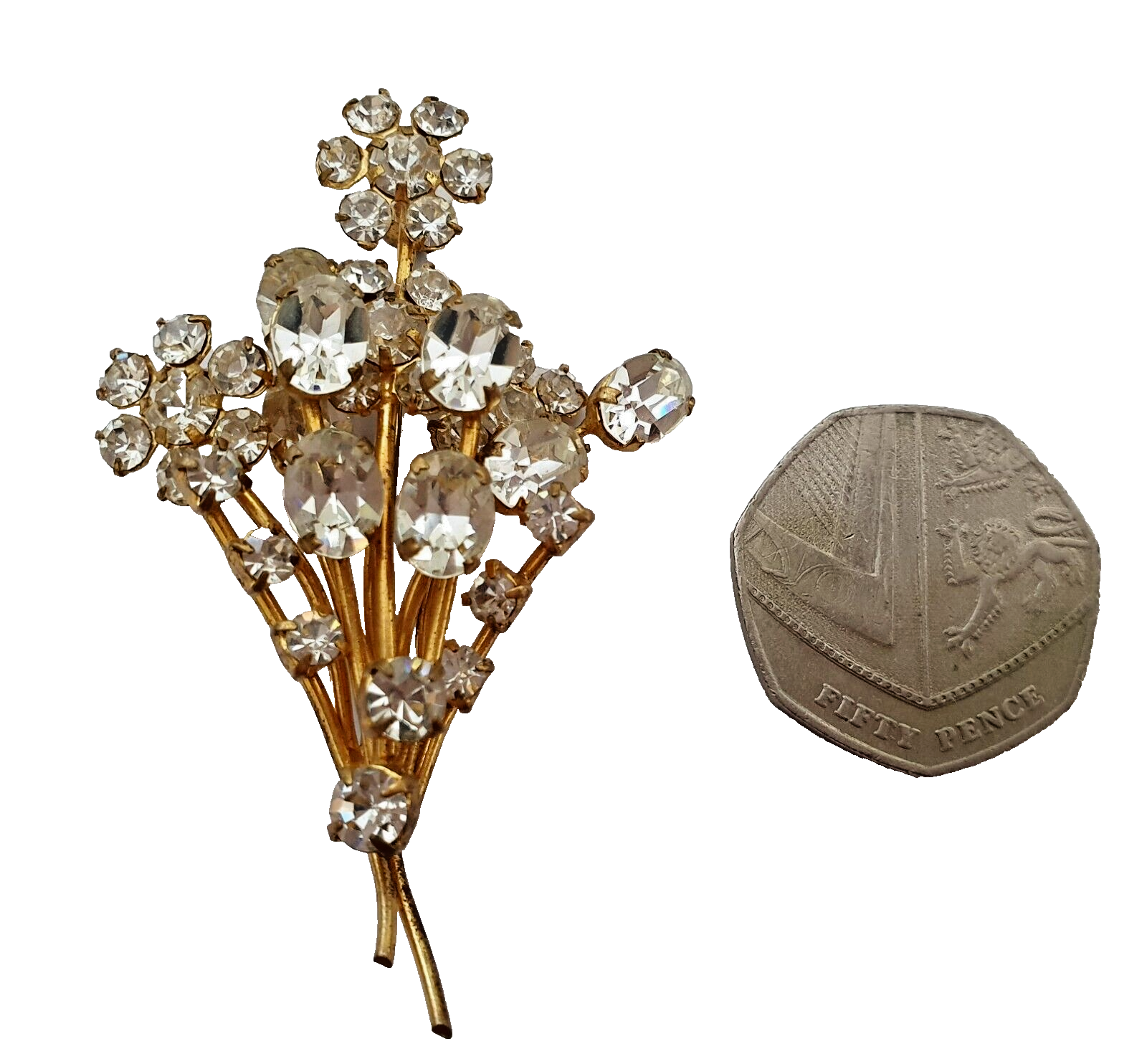 Sparkly 3D Floral Rhinestone Brooch Pin in Gold Tone