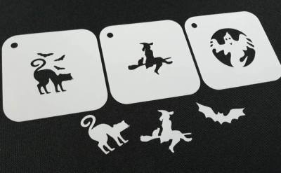 #3.2 3-teiliges Set HALLOWEEN wiederverwendbare Schablone Hexe Besen Katze Fledermaus Geist Gesichtsfarbe