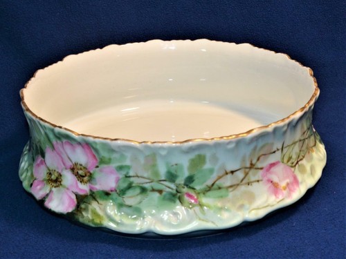 Atq T&V LIMOGES France Signed FMB Hand Painted Pink FLOWERS 9 1/2"d Pudding Bowl - Picture 2 of 5