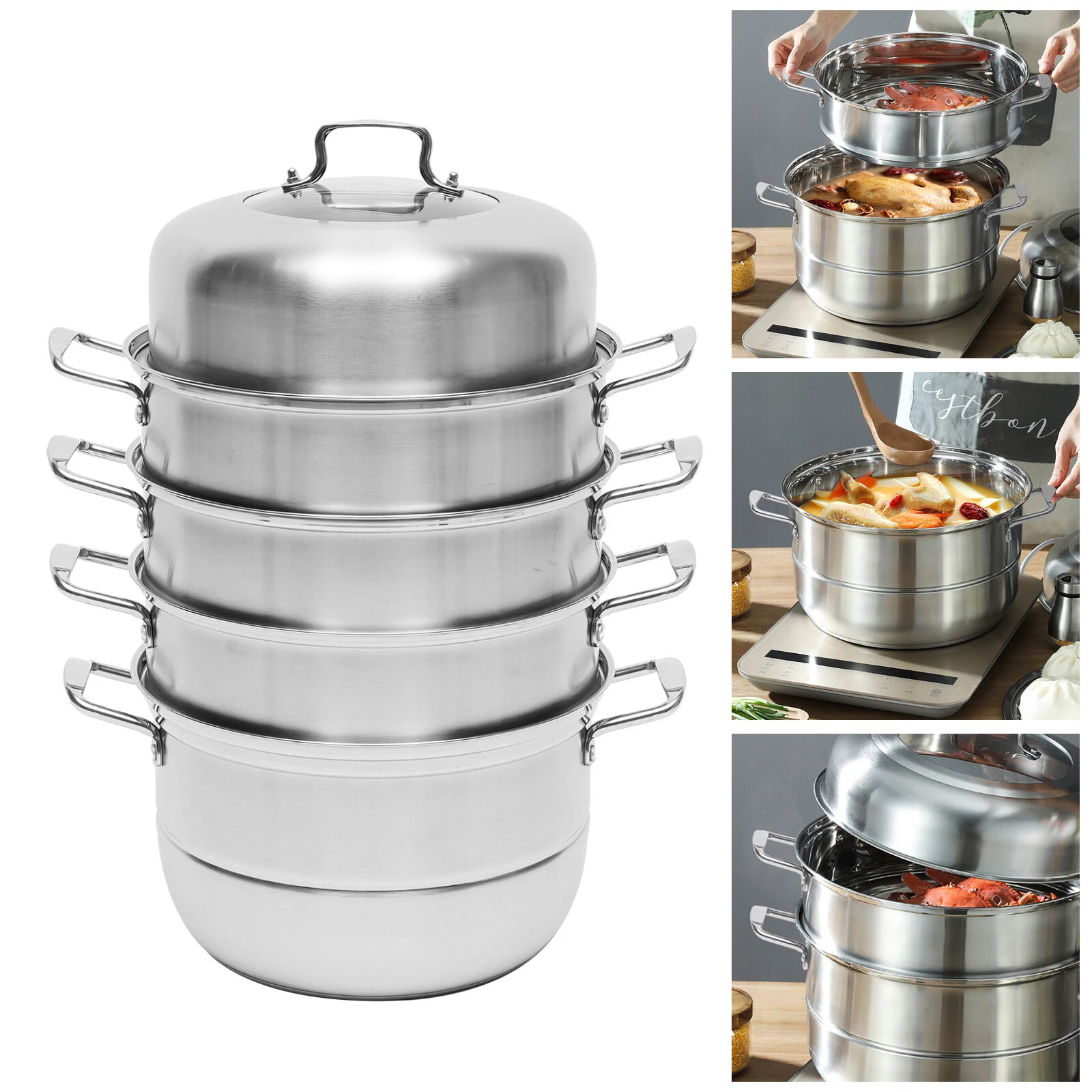 32.5 cm Steamer Pot, 5-Tier 304 Stainless Steel Steamer Pot with Glass Lid USA