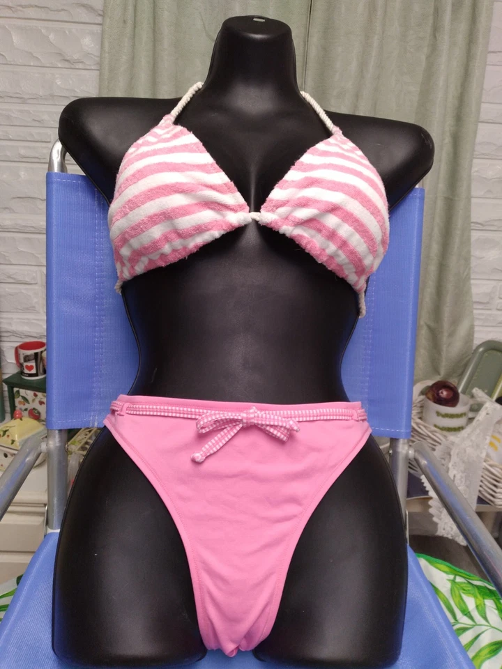 AEROPOSTALE LEI. TERRY TOP 2 PEÇAS BIQUÍNI M-L AJUSTÁVEL NOVO SEM ETIQUETAS GRAVATAS DE CORDA HI CUT - Imagem 2 de 4