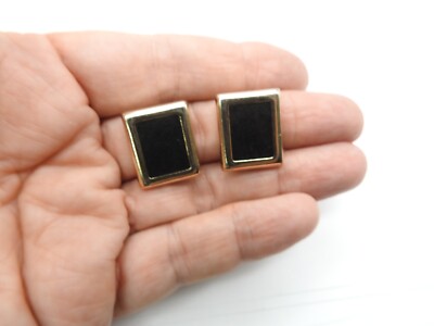 Signed Ernst Bek Black Poured Enamel Gold Tone Metal Clip On Earrings Vintage