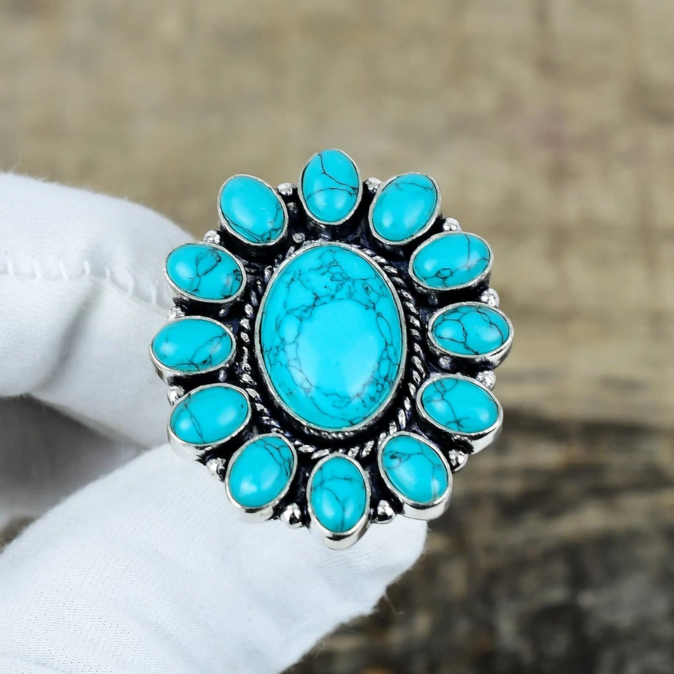 Beautiful Turquoise Gemstone Ring Handmade 925 Sterling Silver Jewelry For Gifts - Image 2 of 4