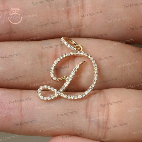 Colgante inicial en D de oro amarillo sólido de 14 k pavé de diamantes alfabeto D joyería - Imagen 2 de 12