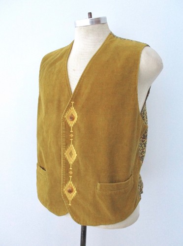Vtg 50s 60s Gold Corduroy Waistcoat Vest Diamond Embroidery Pockets Italy 42 - Picture 2 of 9