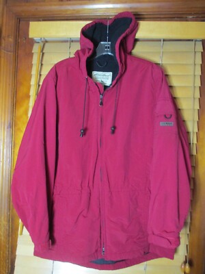 Eddie Bauer Men's M Red Full Zip Hooded Parka Jacket Fleece Lined Logo Pockets