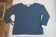 Ann Taylor Loft Blue Striped Arm Ties Boat Neck XS 3/4 Sleeve Top Shirt Blouse