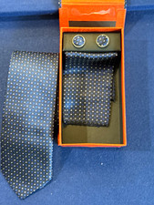 Men's Blue Patterned Tie, Pocket Square Cufflinks 3-Piece Accessory Set