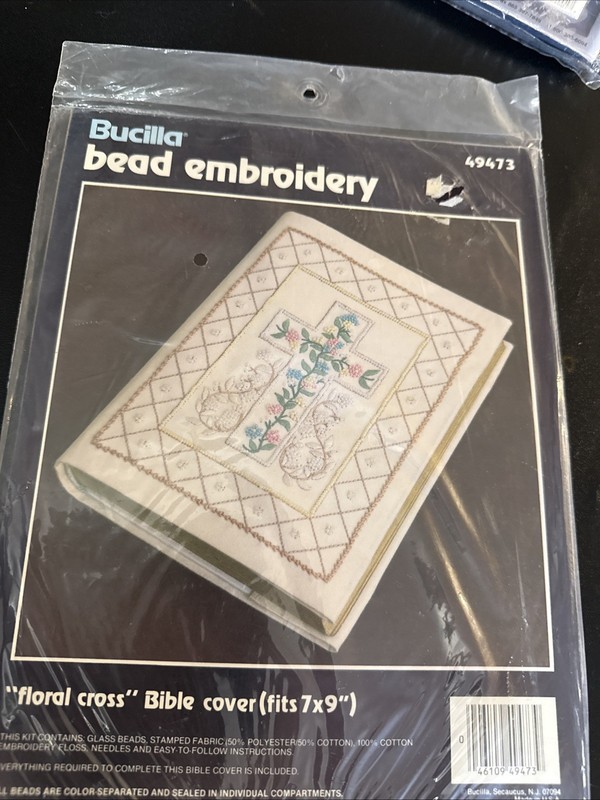 New Bucilla Bead Embroidery Floral Cross Bible Cover Fits 7 X 9 #49473 ￼