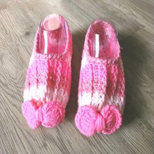 Crochet Adult Slipper Booties Women's US 6 House Shoes Socks Pink Bow 9" Ribbed