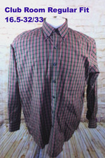 Club Room Men's Dress Shirt 16.5-32/33 Long Sleeve Black Green Red Plaid Cotton
