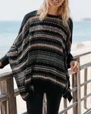 J Jill Sweater Poncho One Size Aztec Striped Button Shoulder‎ Knit