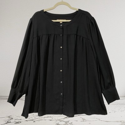 LOFT Long Sleeve Pleated Button Front Top Women s Size 22 Classic Black