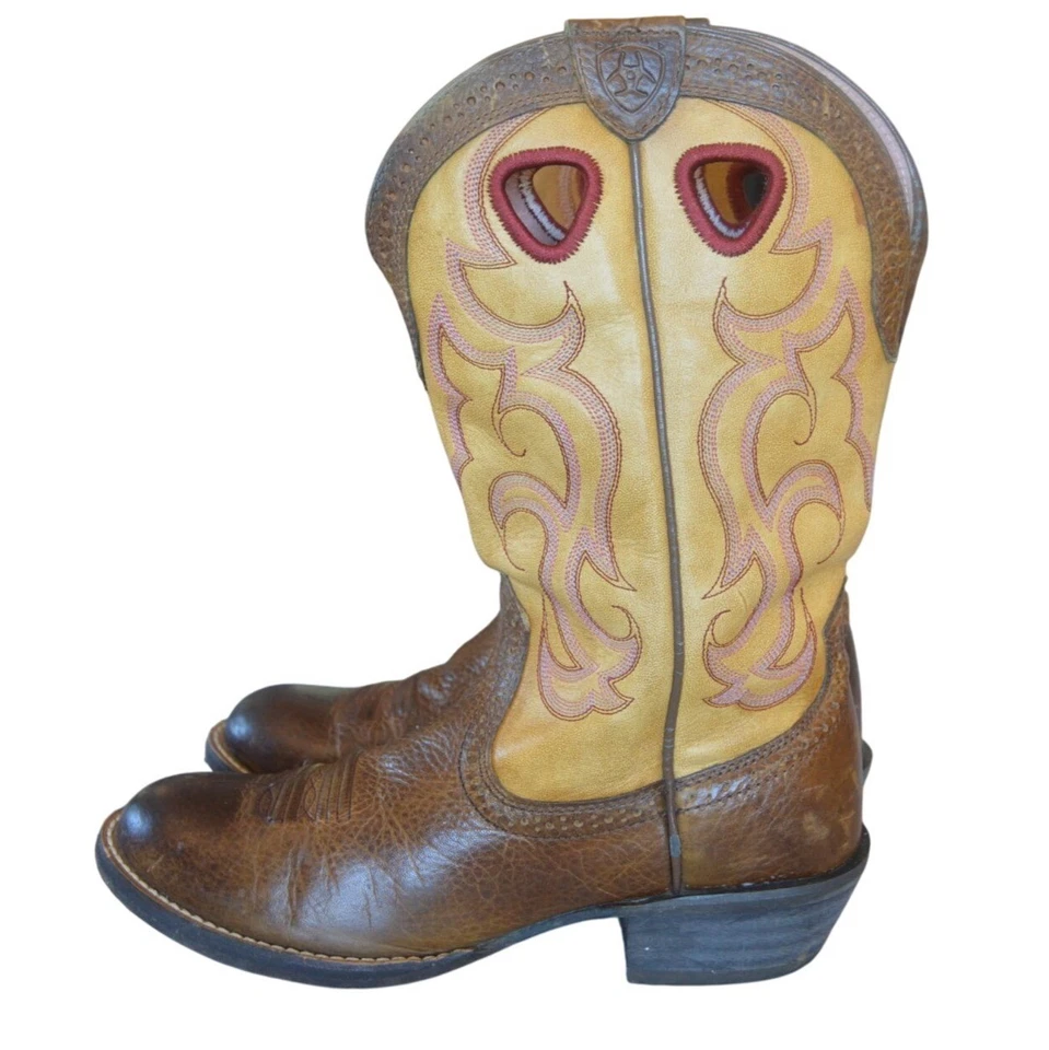 Botas vaqueras occidentales Ariat de cuero crudo para hombre amarillas marrones talla 7,5B informales Foto 3 de 4