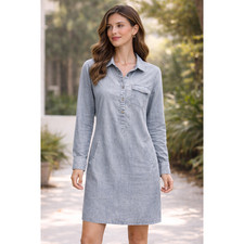 AG Cotton Tencel Chambray Shirt Dress Long Sleeves Pockets Front Button Size L