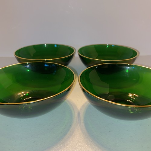 Juego de 4 cuencos de vidrio vintage Anchor Hocking verde esmeralda con adornos dorados - Imagen 2 de 8