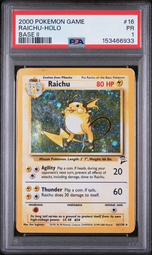 SWIRL PSA 1 2000 Base Set II 2 Raichu 16/130 Holo Foil Rare Pokemon Vintage