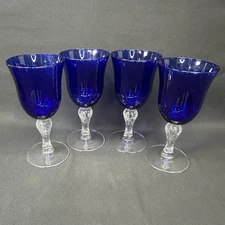 Libbey 'Martello Cobalt' 7 3/8" Water Goblet w/ Clear Dimpled Stem, Set of 4