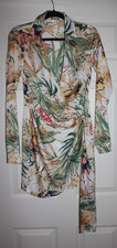 Luxxel Long Sleeve Floral Shirt Wrap Mini Dress Resort Wear green white Size S