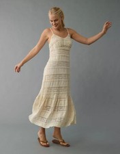 ~*NWT american eagle AE LACE V NECK TIERED sheer cream tan MIDI DRESS medium M*~