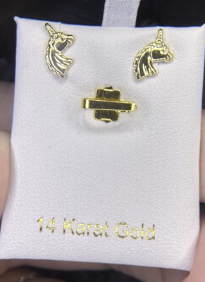 Vintage 14k Gelbgold Einhorn Ohrringe Ohrstecker kleine Kinder Ohrstecker 