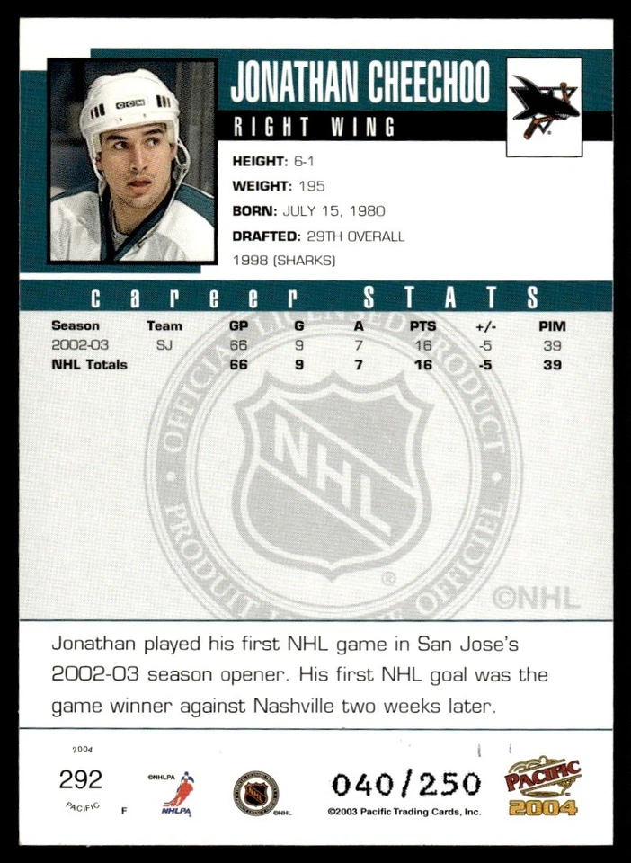 2003-04 Pacific Blue Jonathan Cheechoo 040/250 San Jose Sharks #292 - Image 2 of 2