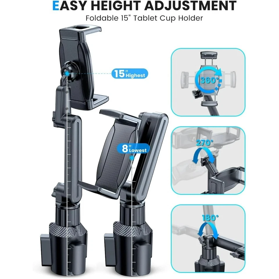 汽车平板电脑支架,适用于 iPad 杯架车载支架带深度夹可调节 — 第 2/4 张图片