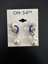 On 34th Blue Hoops w/Crystal Simulated Pearl Dangle/Drop Gold Tone 1.5