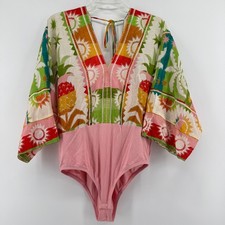 Farm Rio Rainbow Sunset Tropical Pineapple Bodysuit Kimono Sleeve Pink Medium