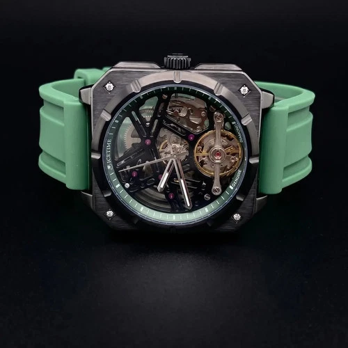 #20 IceTime Gearbox 43mm SS Green/Silver Dial Rubber Band Mens Watch $1 START🔥