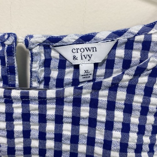 Top Crown Ivy para mujer XL azul guinga a cuadros volantes ojales playa cottagecore - Imagen 3 de 9
