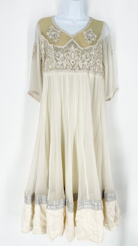 Prapti Indian Custom Made Ivory White Beaded Chiffon Gown Dress Sz M NWT