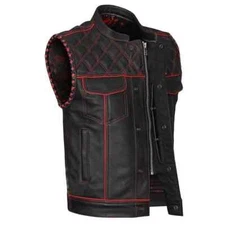 Men’s Black Leather Motorcycle Vest – Diamond Stitch, Concealed Carry, Red Linin