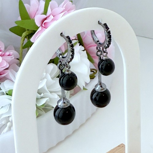 Retro Style Gray Tone Pierced Dangle Earrings Dangling Black Beads & Rhinestones - Picture 10 of 23