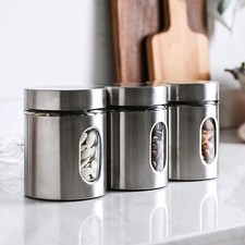 Beautiful Silver 3 Glass Storage Canisters With Window Air Tight Screw Top 600ML