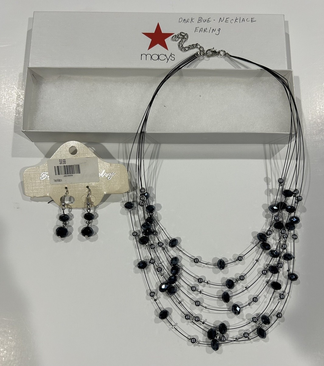 NEW Macys Dark Blue Beaded Illusion Multi Strand Necklace