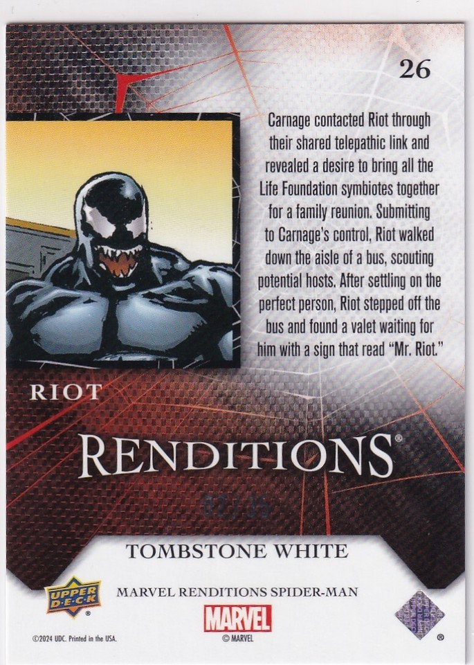 2024 UD Marvel Renditions Spider-Man #26 Riot Tombstone White Parallel ...