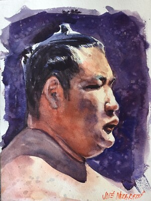 Original Painting in Watercolor Sumo Wrestler Profile  9'' x 12'' NOT A PRINT