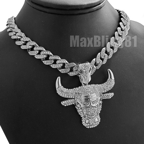 Icy Bulls Head Pendant & 13mm 16" 18" 20" 24" Iced Cuban Box Lock Chain Necklace - Picture 2 of 20