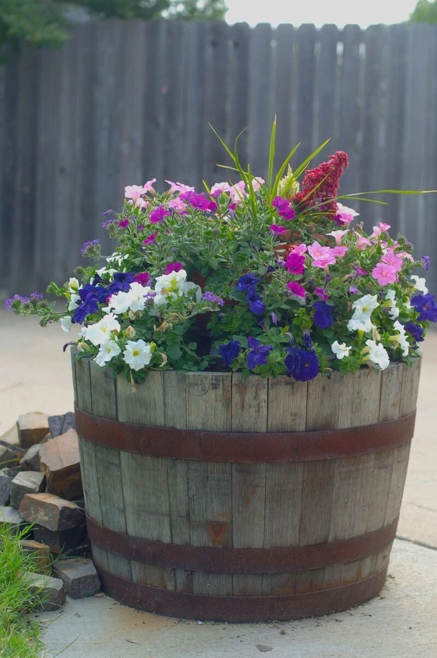 Half Whiskey Barrel Oak Planter Wooden Flower Garden Pot Basket Tubs Container. - Image 3 of 4