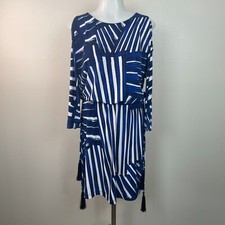 Calvin Klein Dress 8 Blue White Cold Shoulder Elastic Waist Tassel Stretch Women