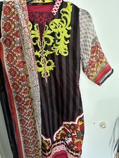 Pakistani lawn shirt with shafoon dopata black n multi color embroidery
