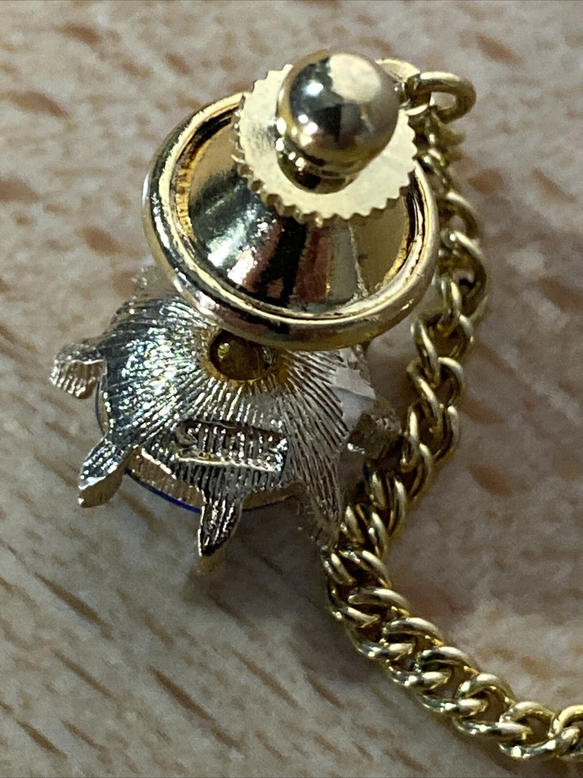 Vintage SWANK Blue Rhinetone Gold Tone Tie Tack With Chain Clasp