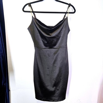 Womens Little Black Satin Gold Chain Strap Slip Mini Dress Recycled Fabric Med