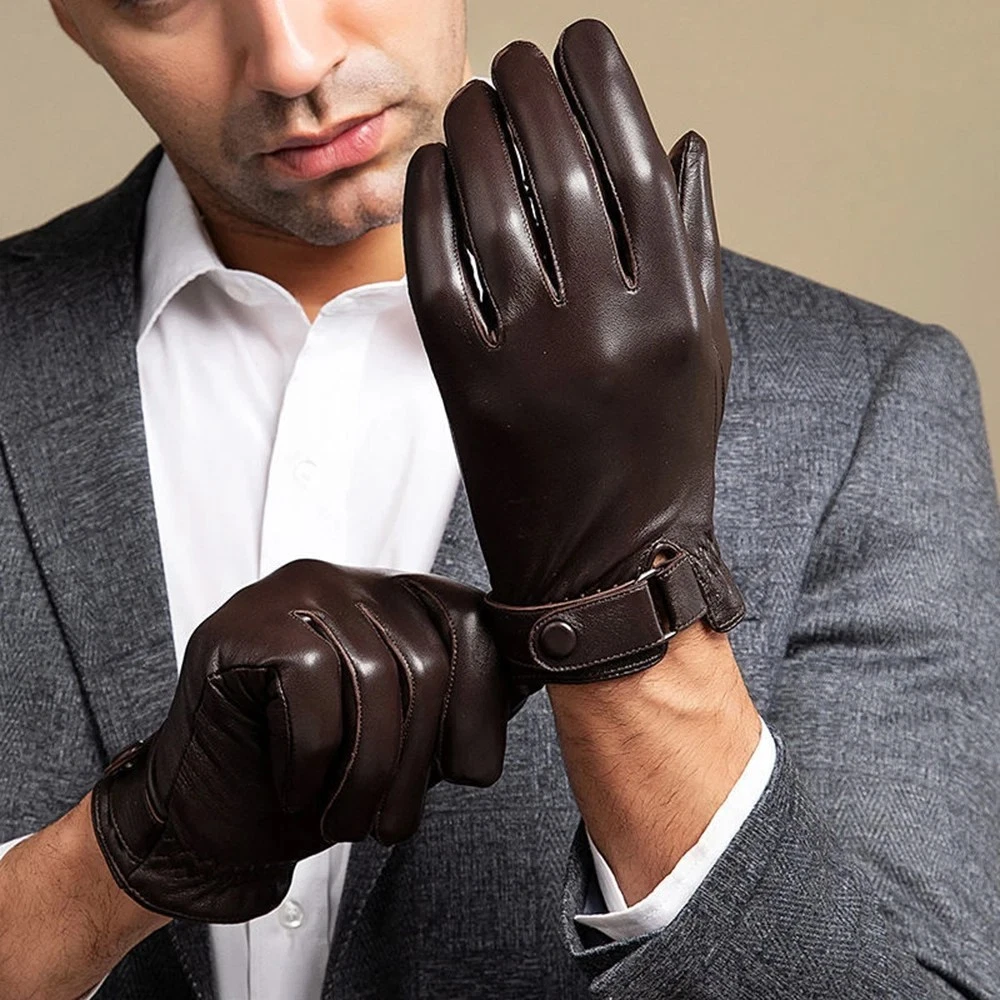 Genuine Sheepskin Leather Gloves Winter Touchscreen Warm Driving Mittens Mens